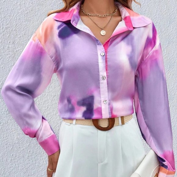 multicolor Tie Dye Drop Shoulder Button Front Shirt - Picture 4 of 5